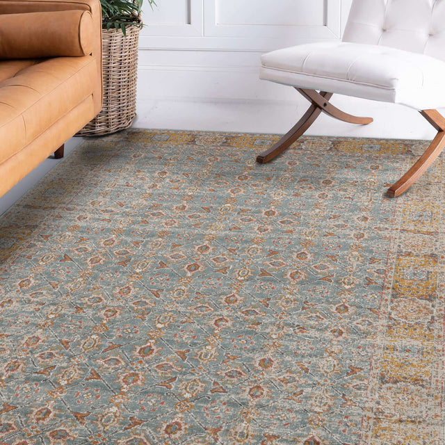 Amer Eternal Farmhouse Bordered Power-Loom Teal/Gold Area Rug