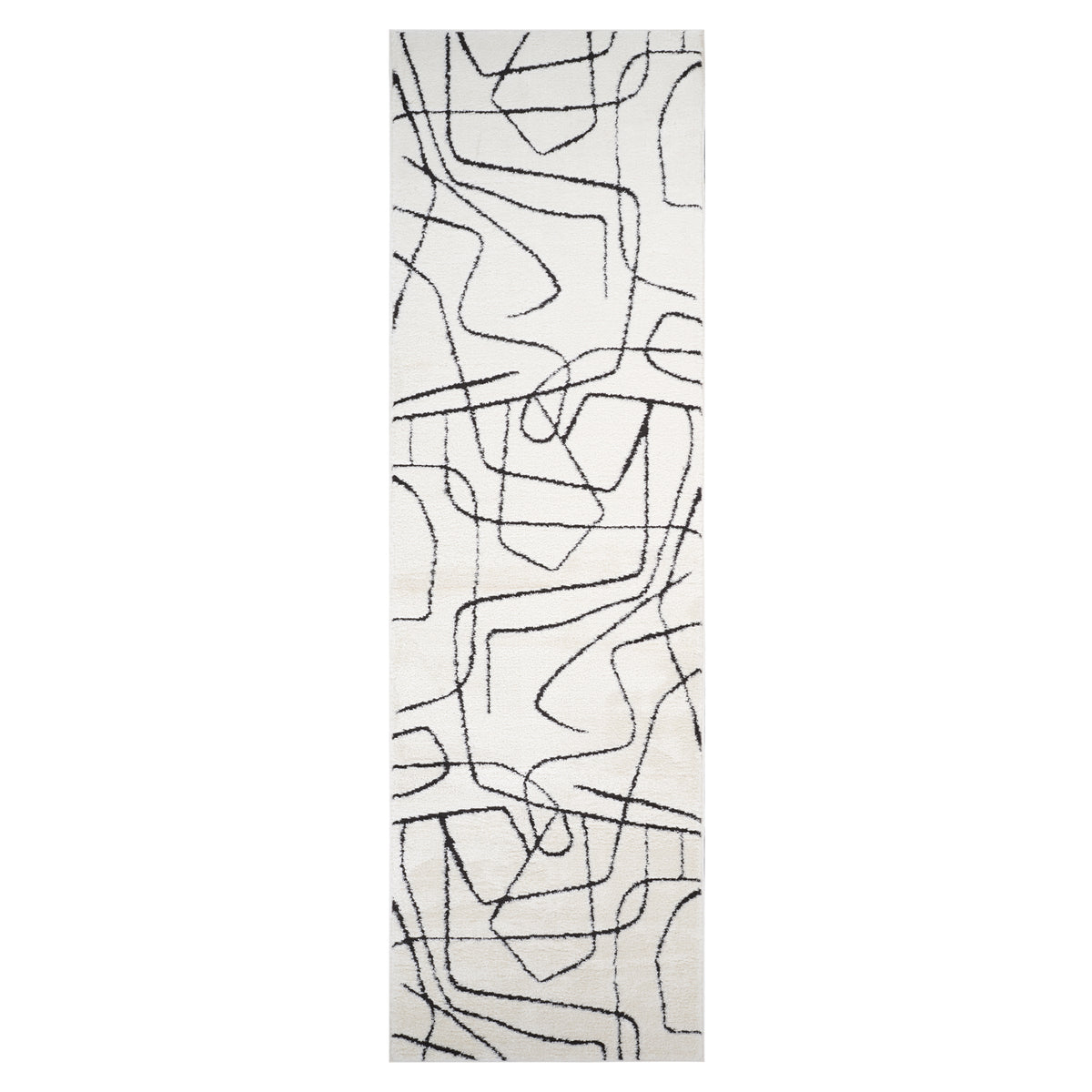 Narrow view of ivory area rug with fine black abstract line pattern