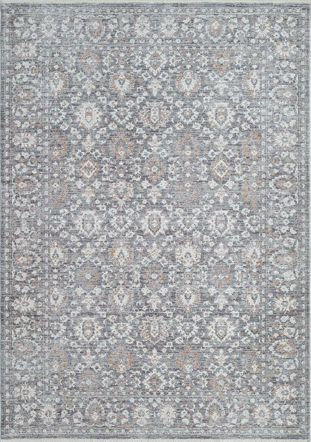 Traditional rectangle rug with dark grey and silver geometric medallion pattern