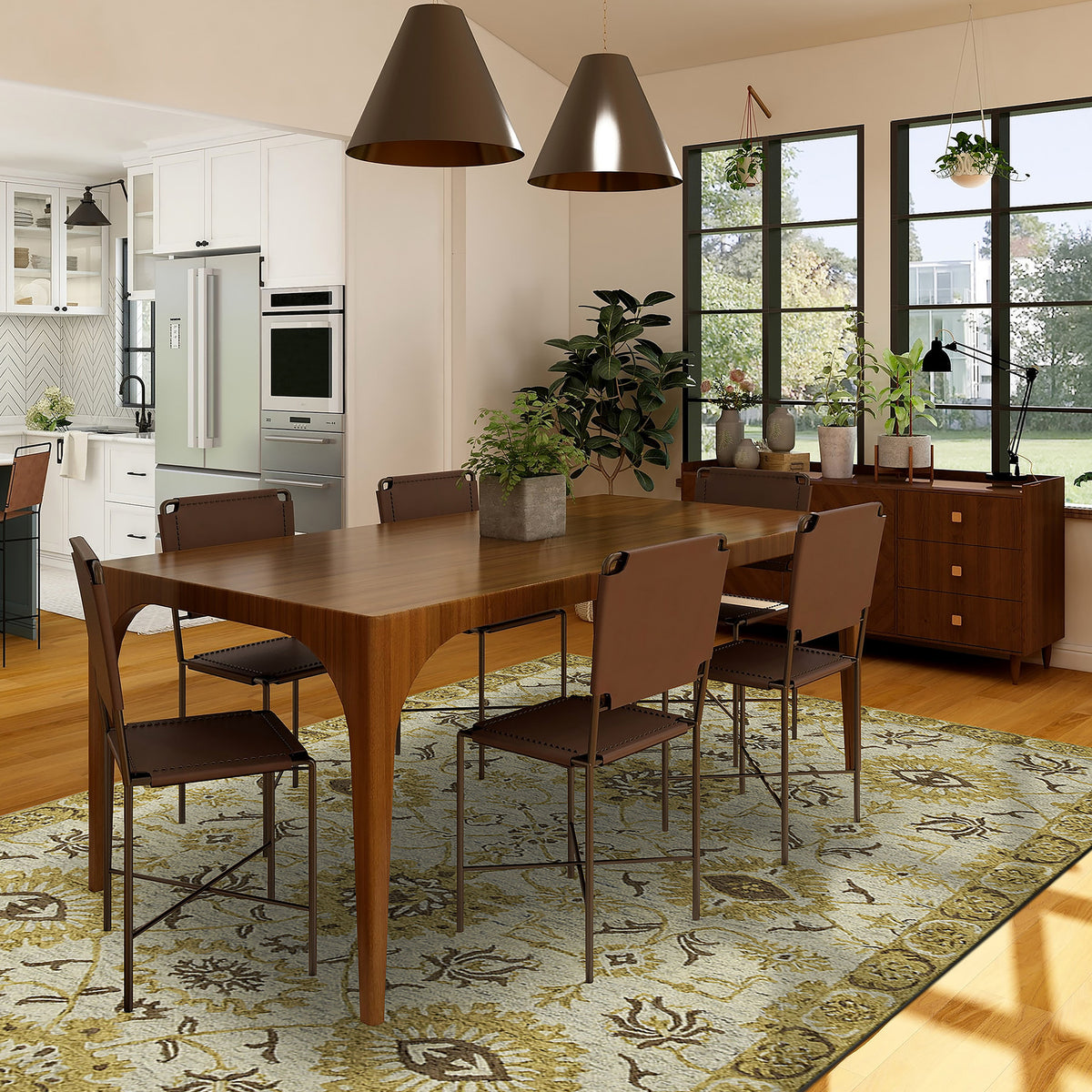 Classic floral area rug in a dining room, beige with gold and brown motifs