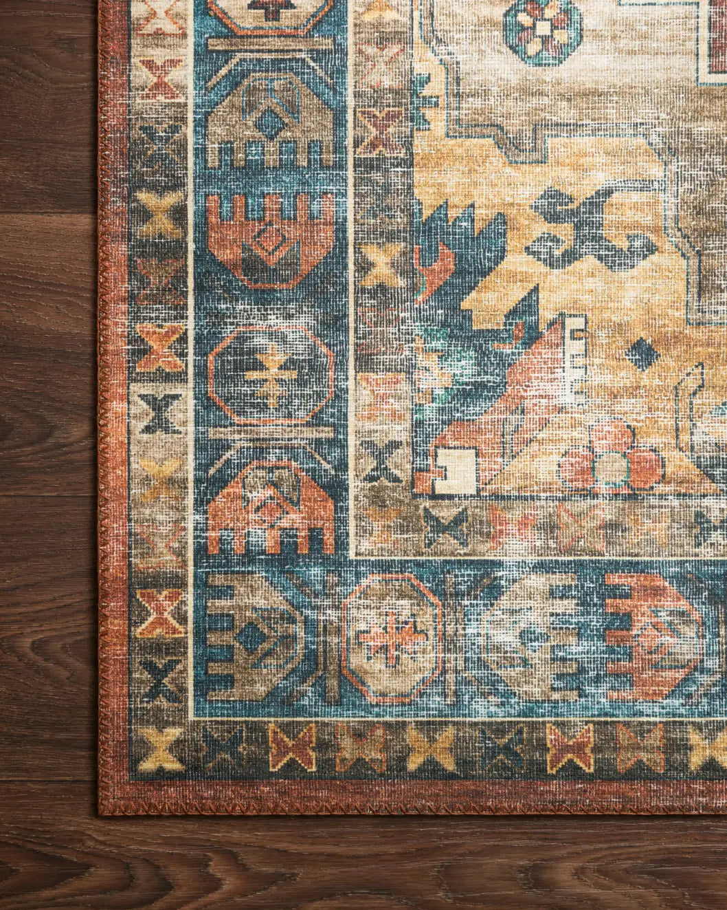 Loloi Skye Sky-11 Rust/Blue Rugs - corner on wood