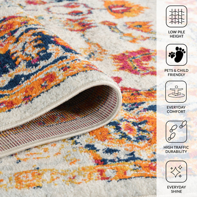 Low-pile ivory area rug with multicolor pattern and tightly woven backing edge.