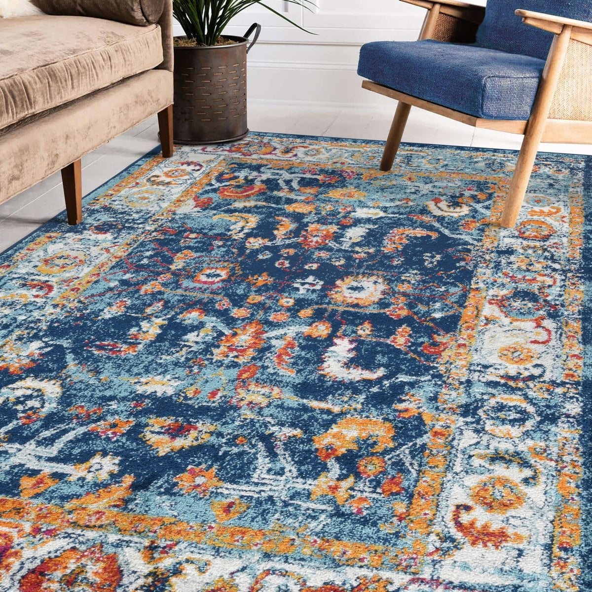 Amer Alexandria Farmhouse Bordered Power-Loom Navy Area Rug