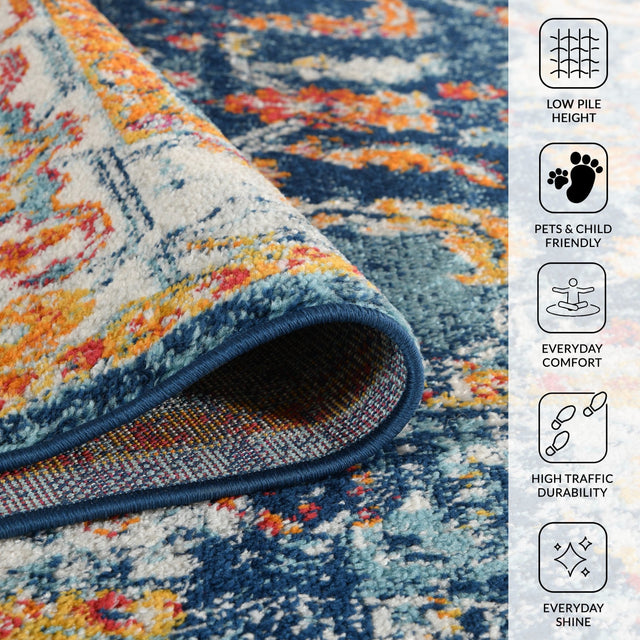 Navy area rug rolled edge showing short pile texture and multicolor distressed motif