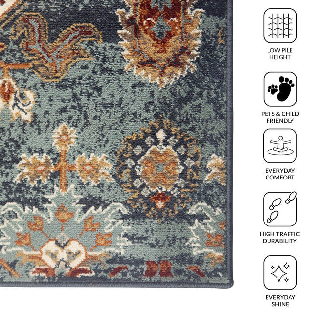 Teal blue rectangle area rug with ornate border, vintage-style motifs, and thick low pile