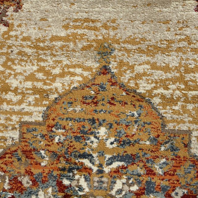 Close-up of beige, rust, and blue distressed medallion area rug texture and pattern detail.