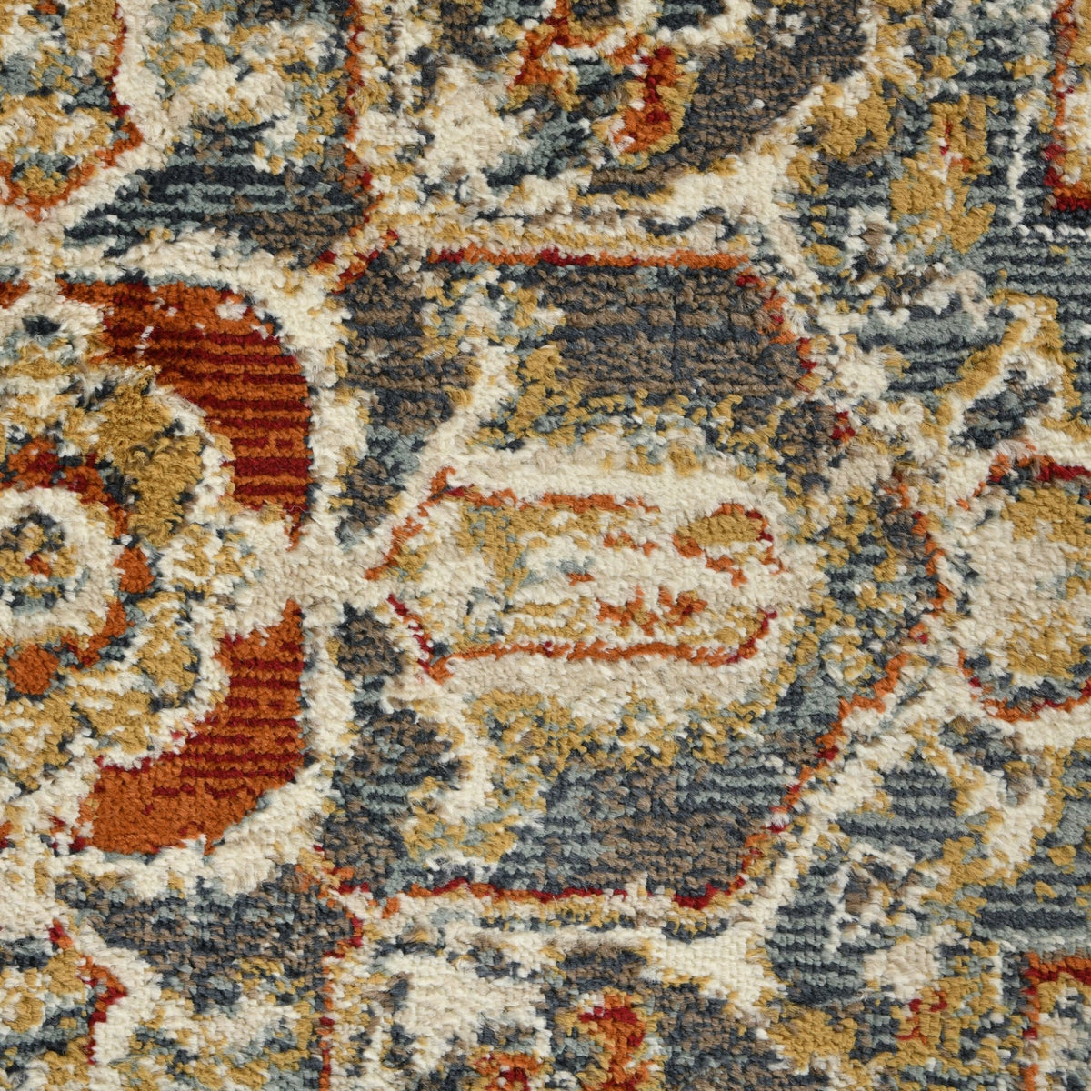 Rectangle area rug close-up of multicolor distressed pattern in beige, blue, and brown