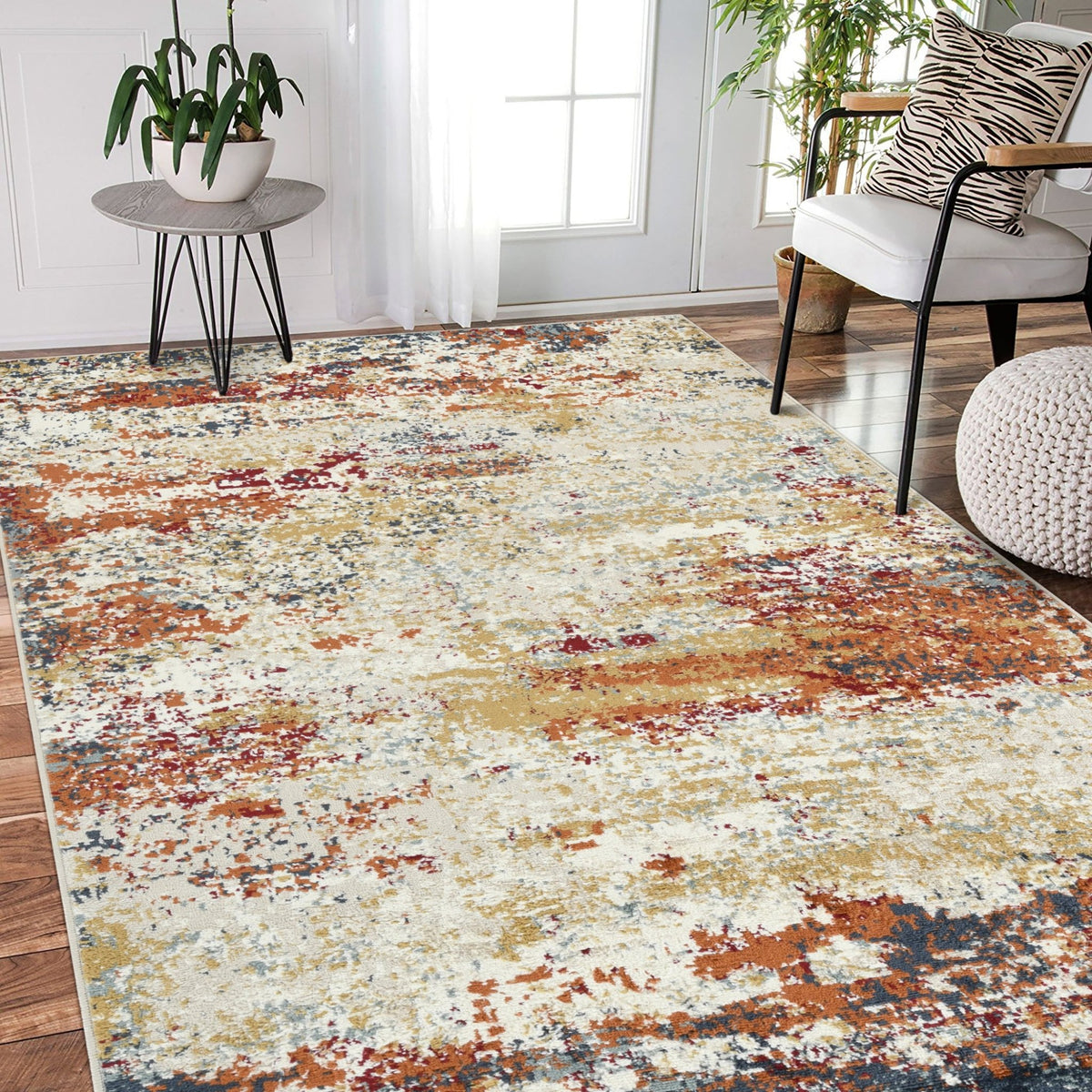 Amer Allure Contemporary Power-Loom Ivory/Orange Area Rug