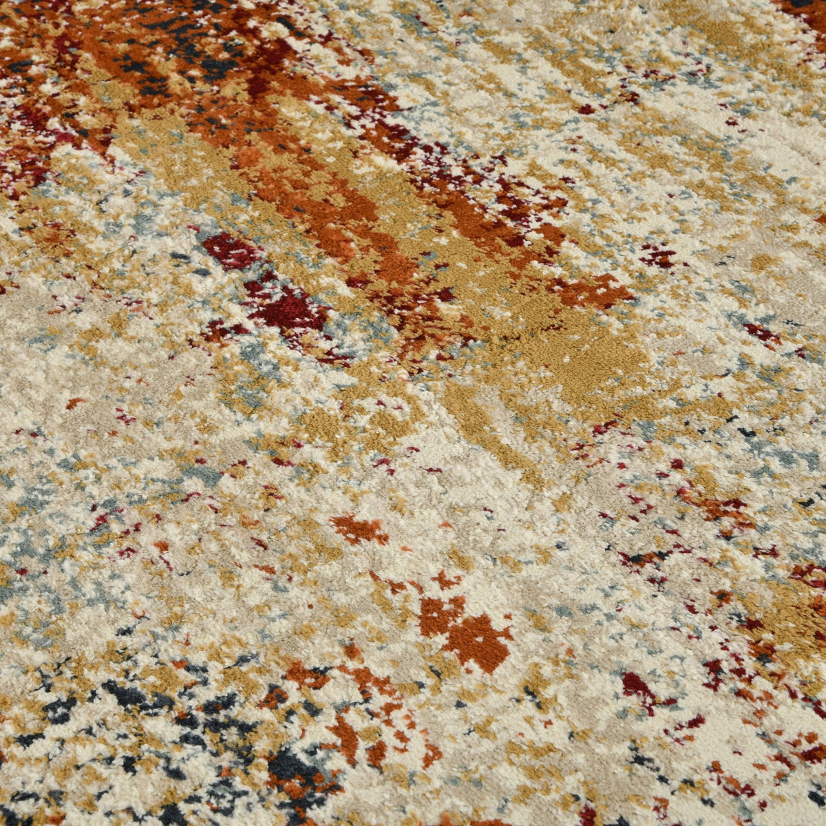 Wide view of rectangular rug with ivory ground and warm rust-orange stripe motif