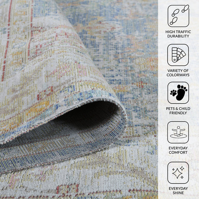 Rug fabric underside with binding, plus durability and pet-friendly icon callouts