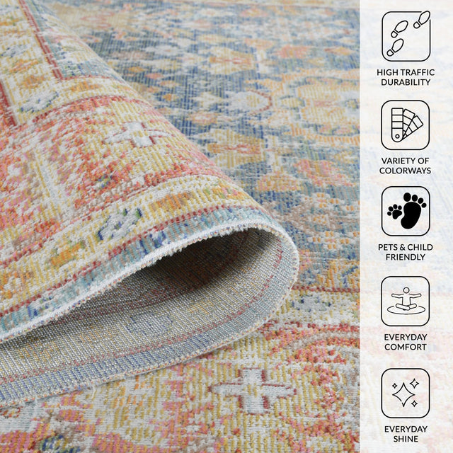 Amer Century vintage medallion rug in navy/pink multicolor, rolled edge close-up