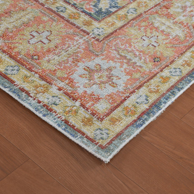 Amer Century vintage medallion rug corner, multicolor medallion with light blue border