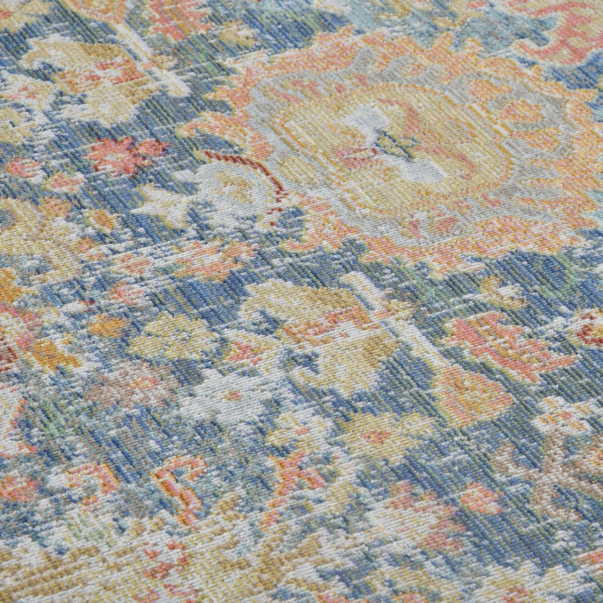 Amer Century vintage medallion rug, all-over multicolor distressed pattern, flat view