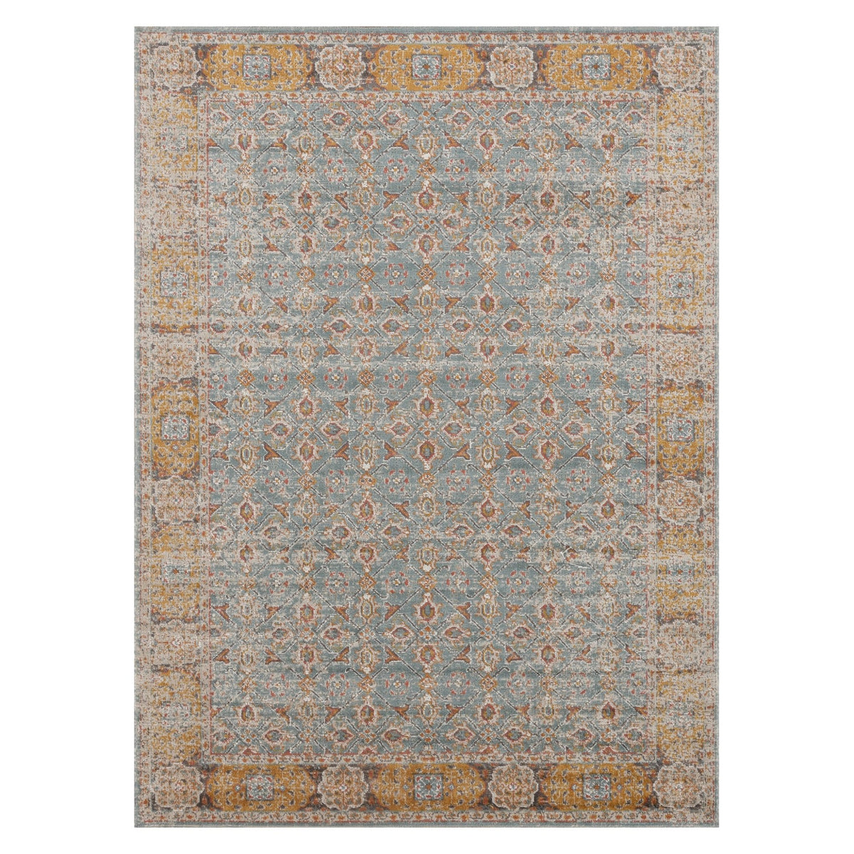Amer Eternal Farmhouse Bordered Power-Loom Teal/Gold Area Rug
