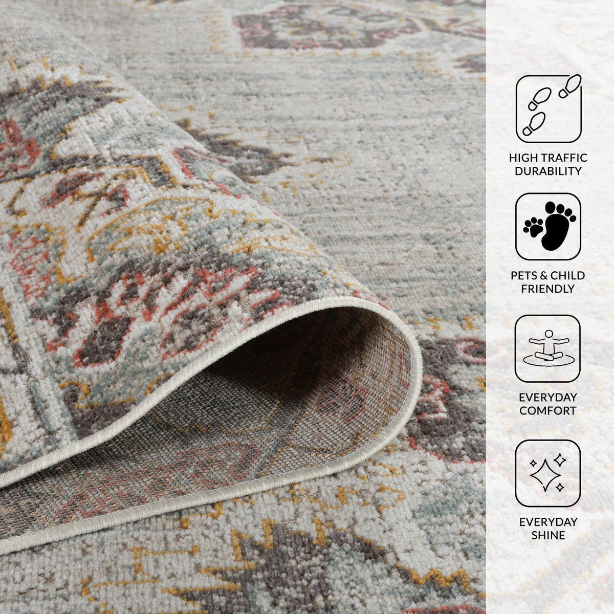 Beige area rug rolled edge with durability and pet-friendly feature icons