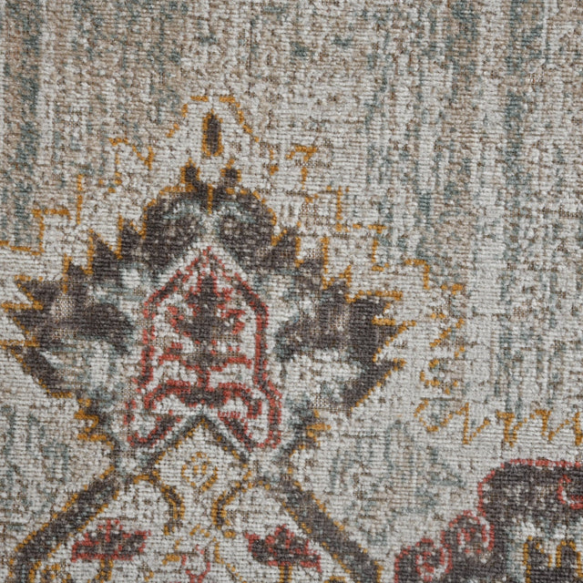 Beige and sand area rug medallion design with distressed rust and dark accents
