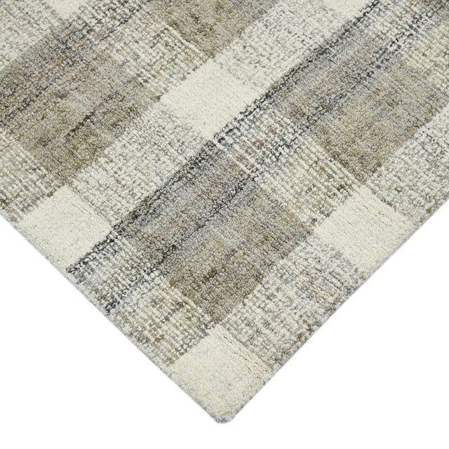 Rectangular plaid area rug in ivory, sand, and charcoal tones with textured weave.