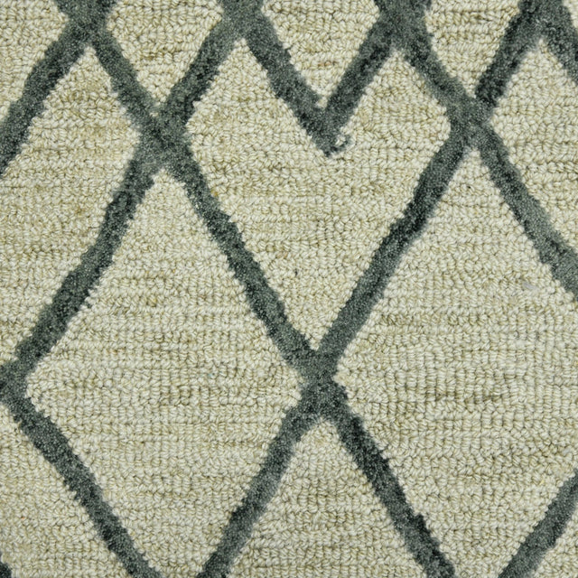 Ivory geometric area rug with dark gray trellis pattern, textured looped surface