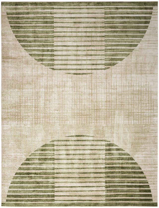 Ivory and olive green machine-made rug with bold striped geometric pattern