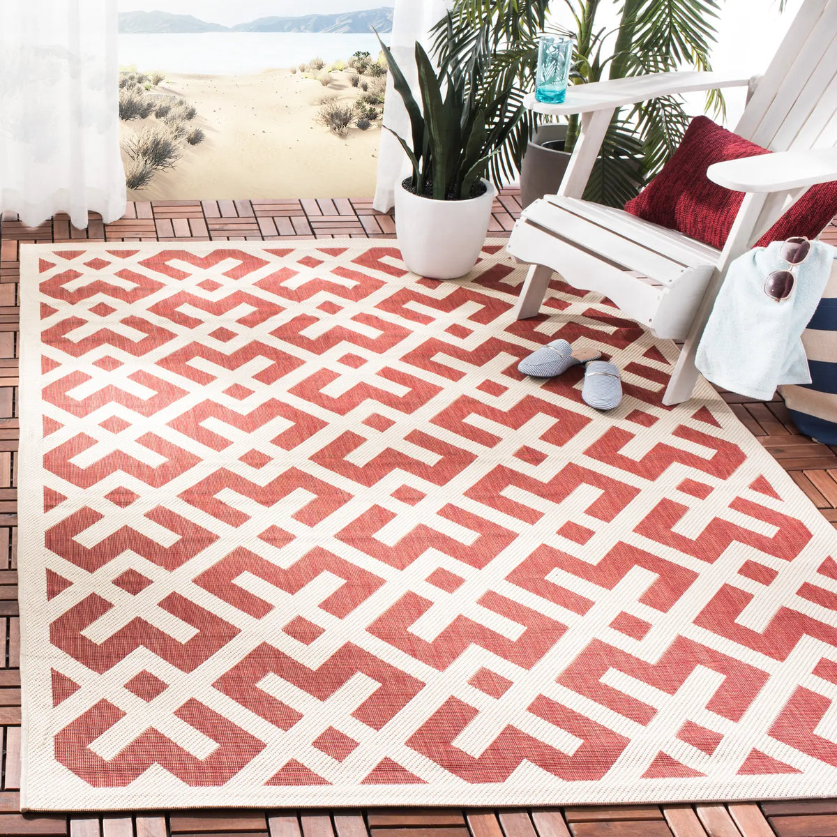 Safavieh Courtyard 4'-0" x 5'-7" Rug in Red / Bone