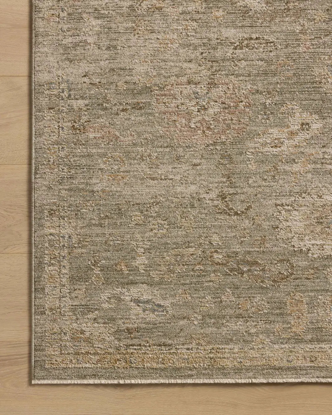 Loloi Willa WIA-06 Sage / Multi Power Loomed Rug - corner on wood