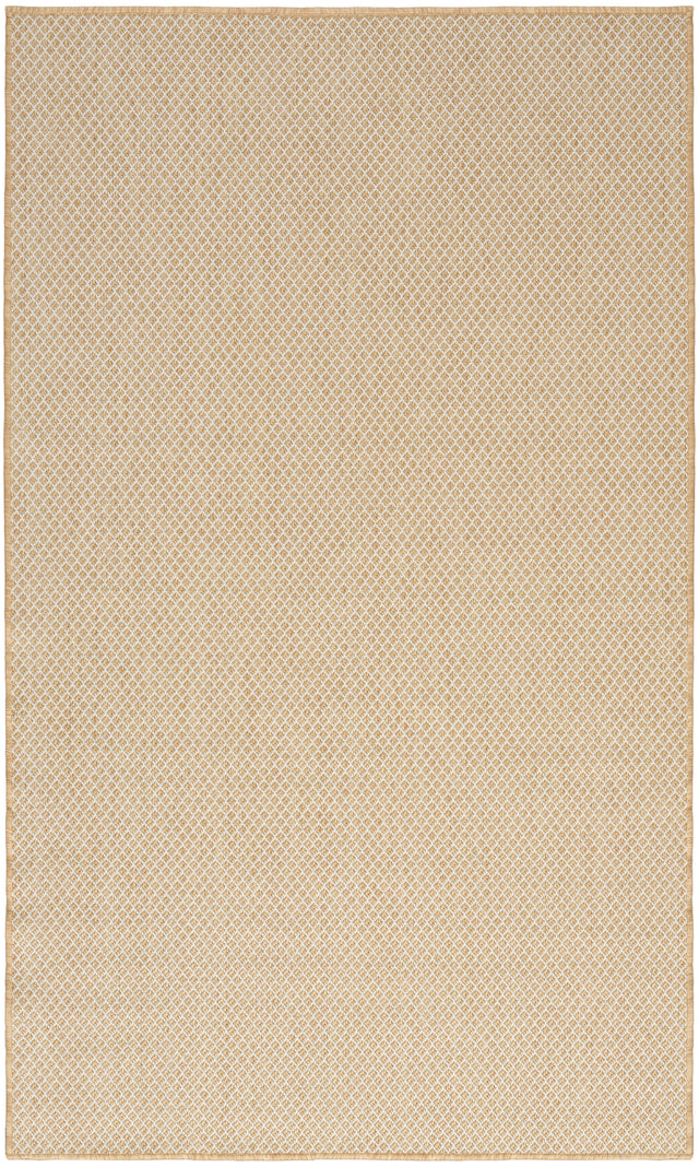 Natural woven rug with tight lattice pattern and tan border, rectangular view