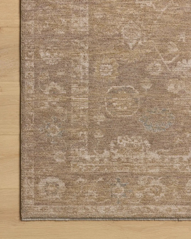 Chris Loves Julia x Loloi Louisa LOI-04 Taupe / Gold Rug - corner on wood