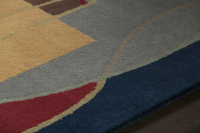 Chandra Bense Garza BEN-3015 Blue and Red and Gold and Grey and Brown rug, side detail view