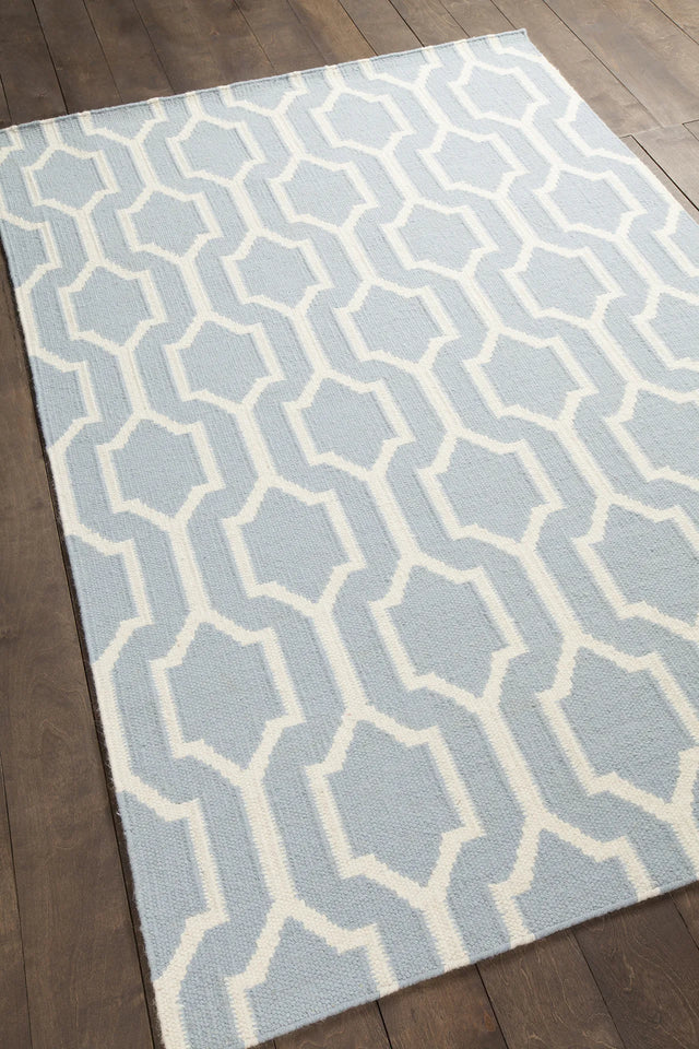 Chandra Dacio DAC-34601 Blue and White rug, angled side view