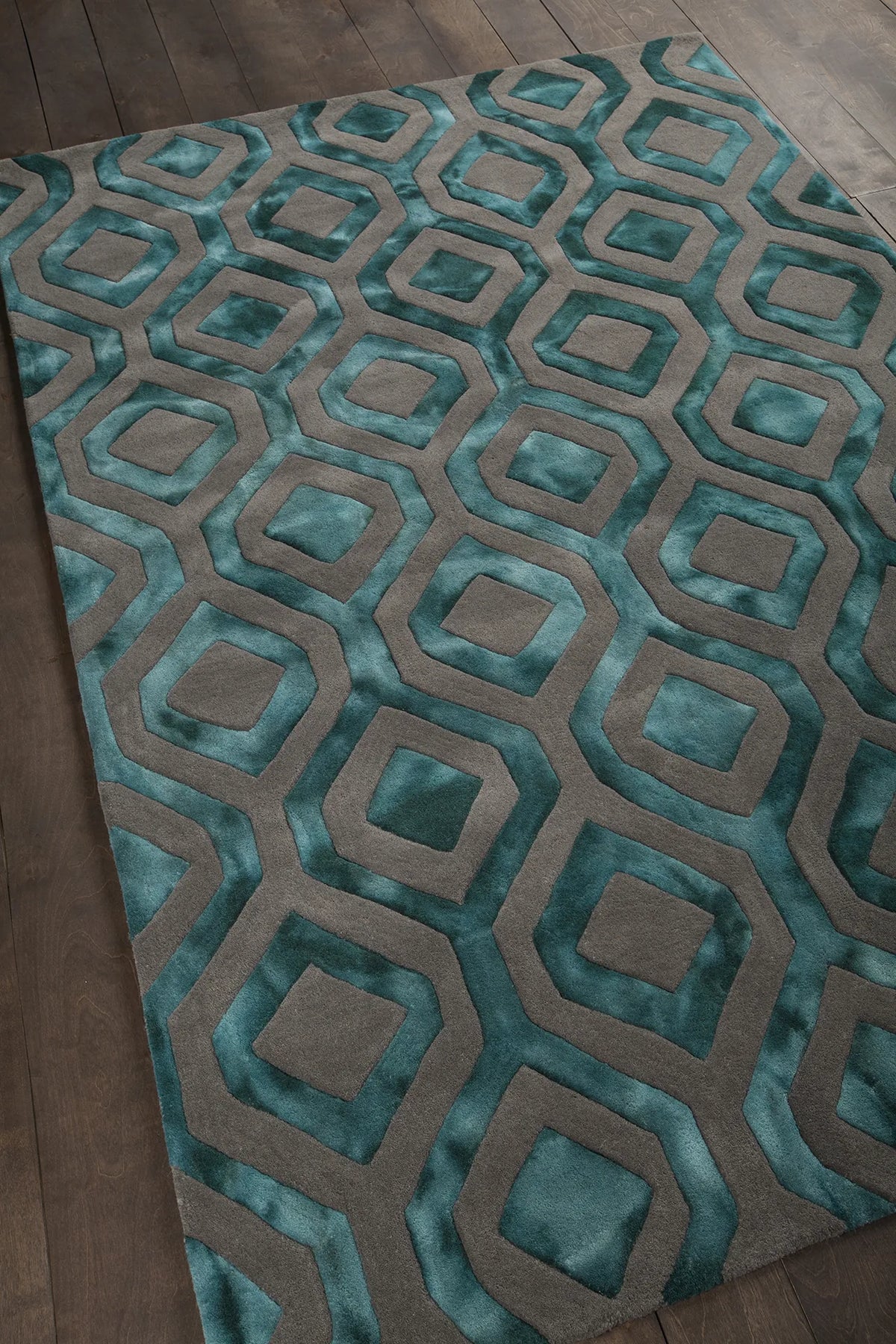 Chandra Fran FRA-42101 Teal and Grey rug, angled side view