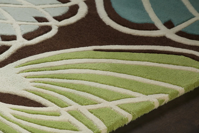 Chandra Inhabit INH-21607 Brown and Green and Blue and White rug, side detail view