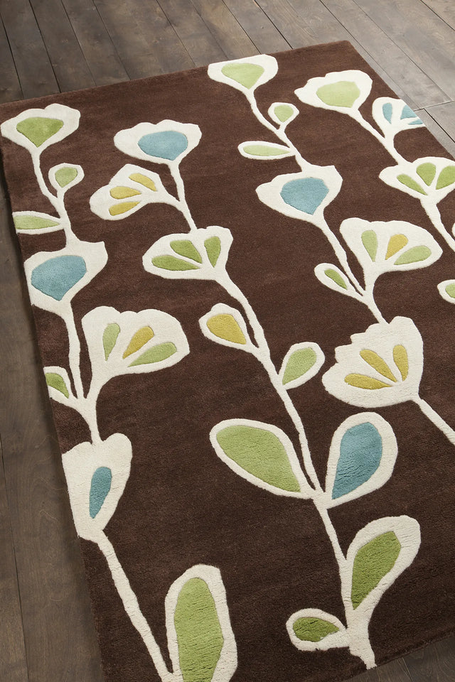 Chandra Inhabit INH-21608 Brown and White and Blue and Green rug, angled side view