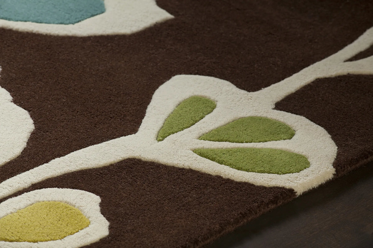 Chandra Inhabit INH-21608 Brown and White and Blue and Green rug, side detail view