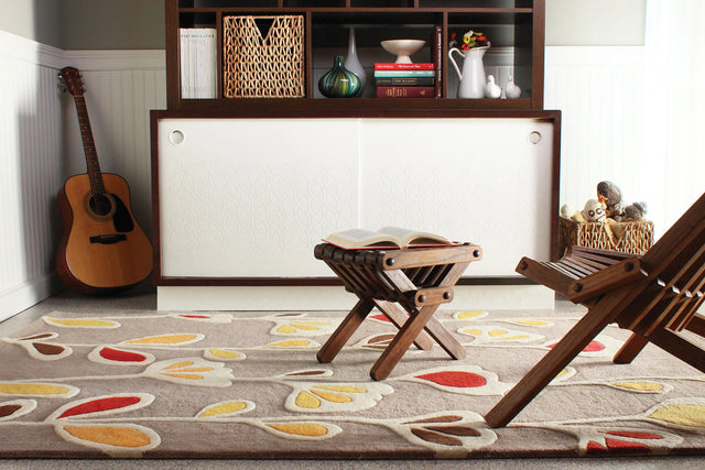Chandra Inhabit INH-21609 Grey and White and Yellow and Brown and Red rug, shown in a styled room setting