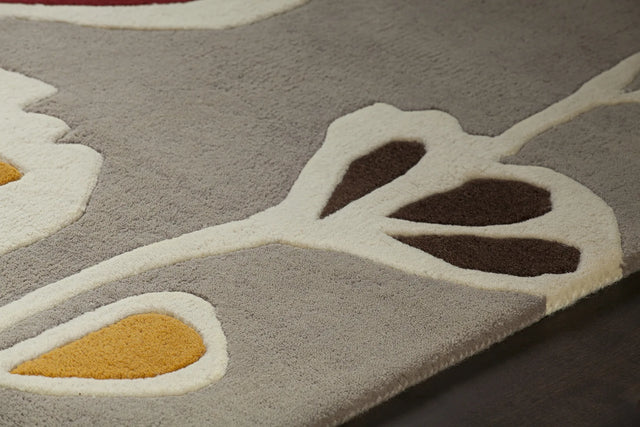 Chandra Inhabit INH-21609 Grey and White and Yellow and Brown and Red rug, side detail view