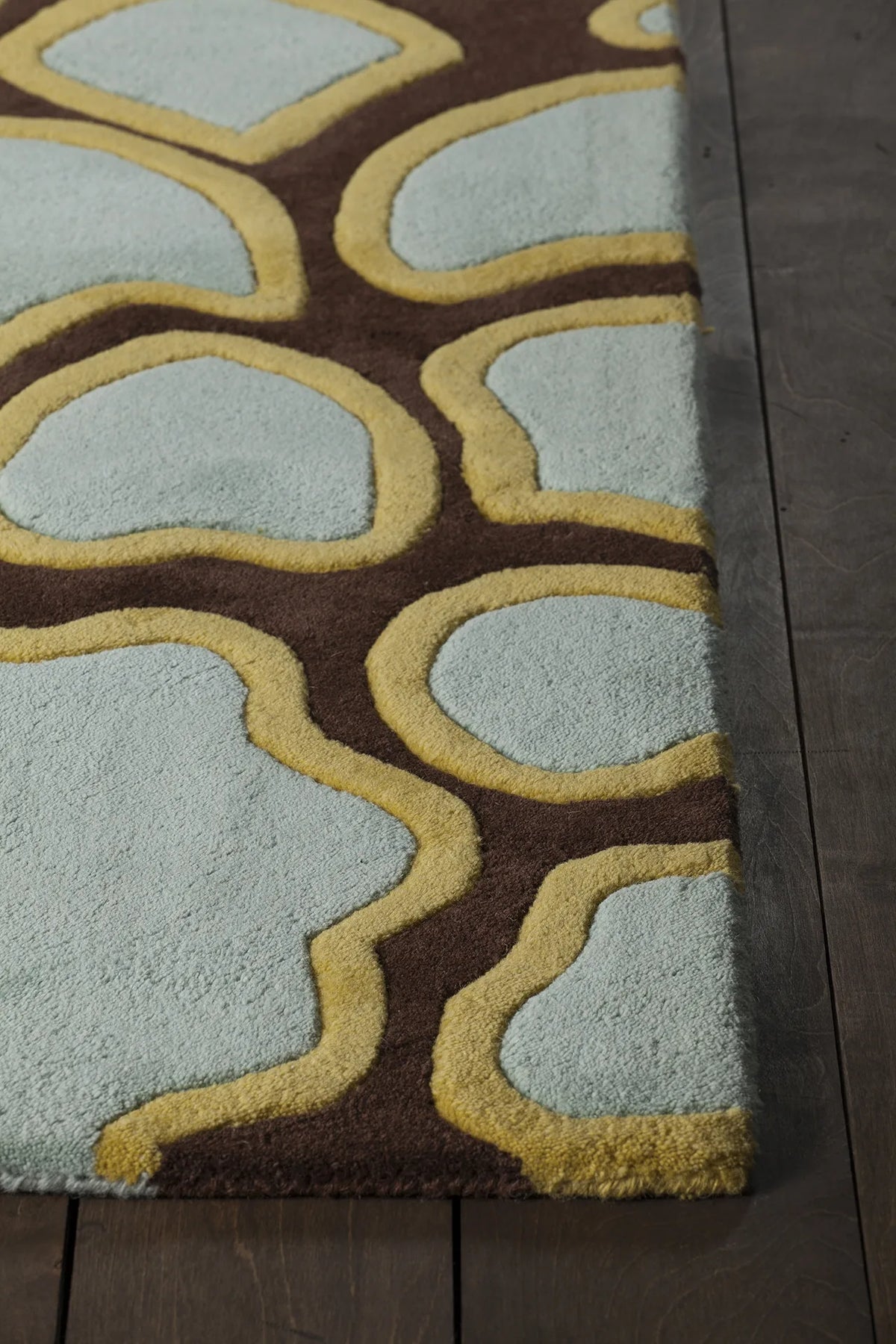 Chandra Inhabit INH-21626 Brown and Pink and Blue and Yellow rug, corner detail