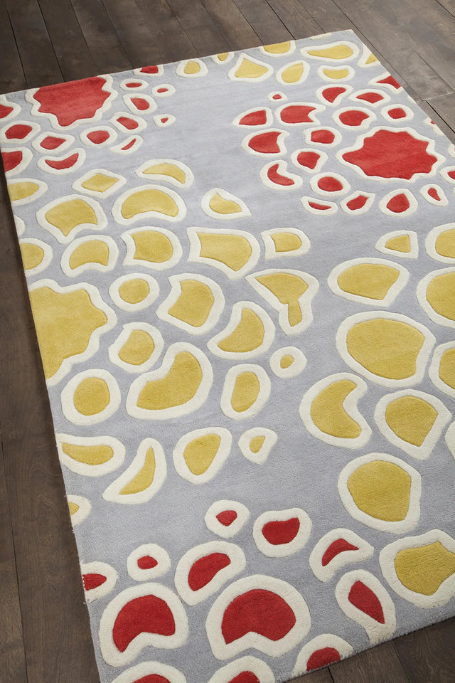 Chandra Inhabit INH-21628 Grey and Gold and Red and White rug, angled side view