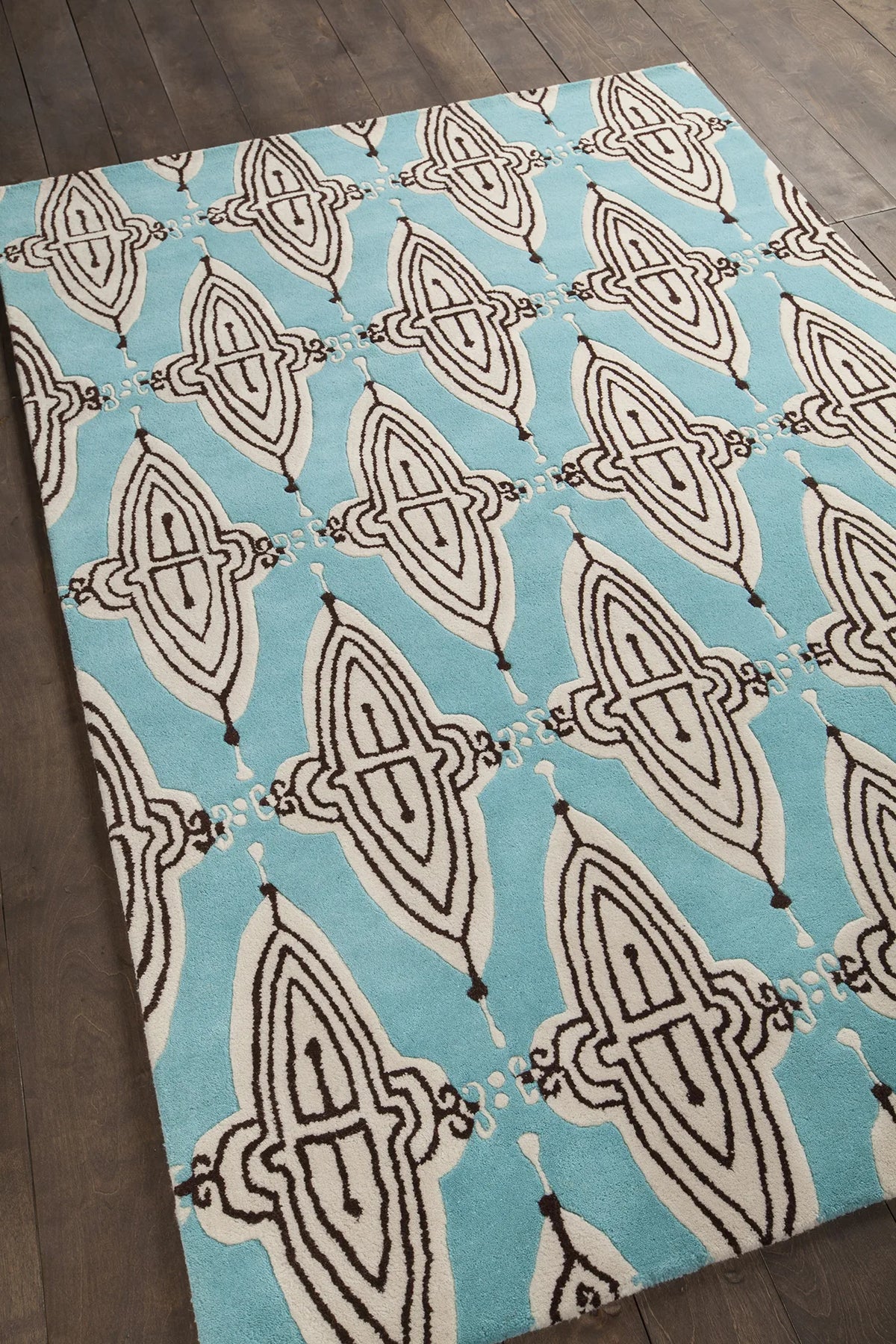 Chandra Jessica Swift JES-28902 Blue and White and Black rug, angled side view