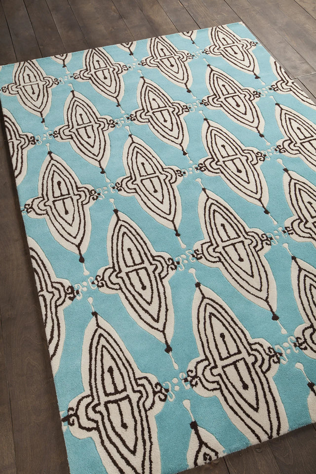 Chandra Jessica Swift JES-28902 Blue and White and Black rug, angled side view