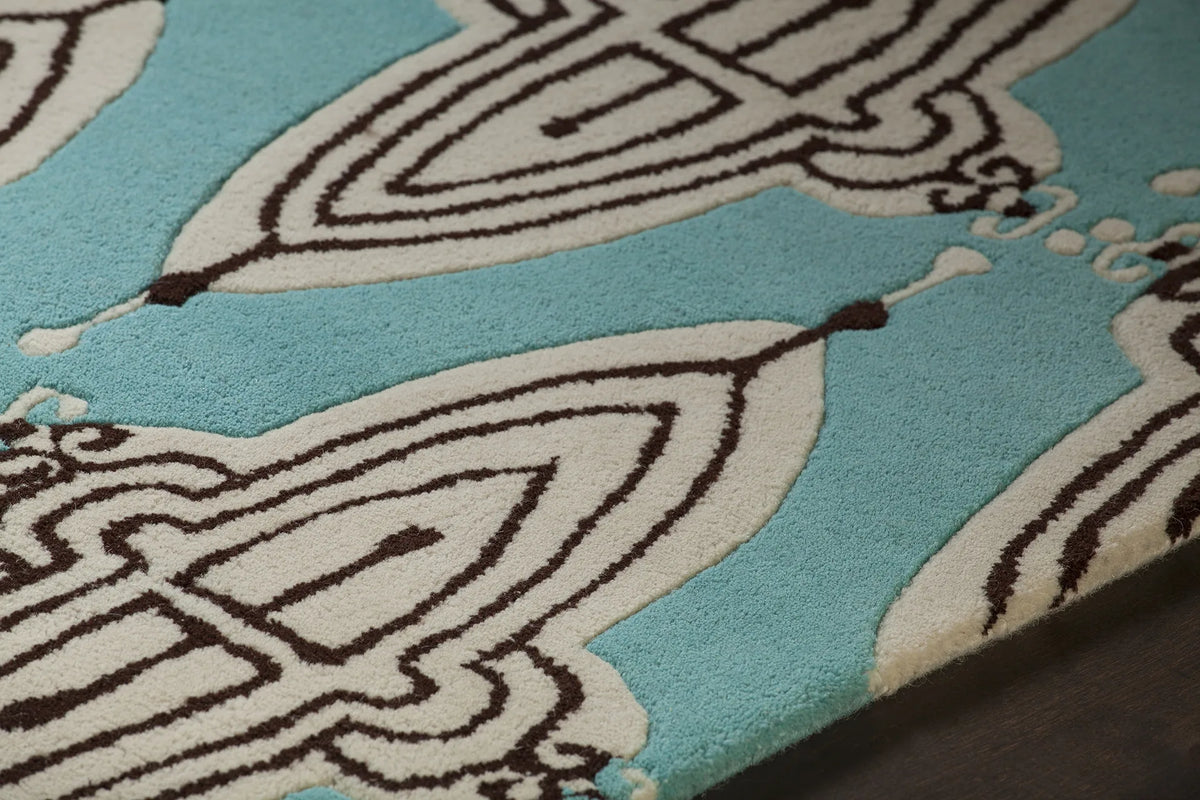 Chandra Jessica Swift JES-28902 Blue and White and Black rug, side detail view