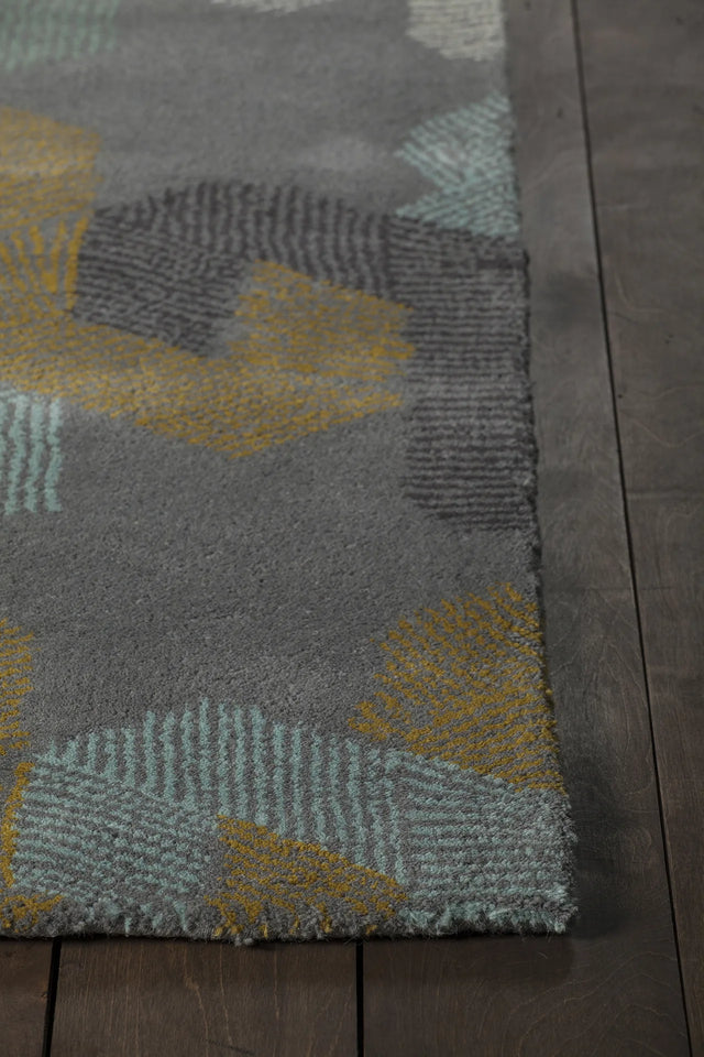 Chandra Jessica Swift JES-28907 Grey and White and Blue and Black and Gold rug, corner detail