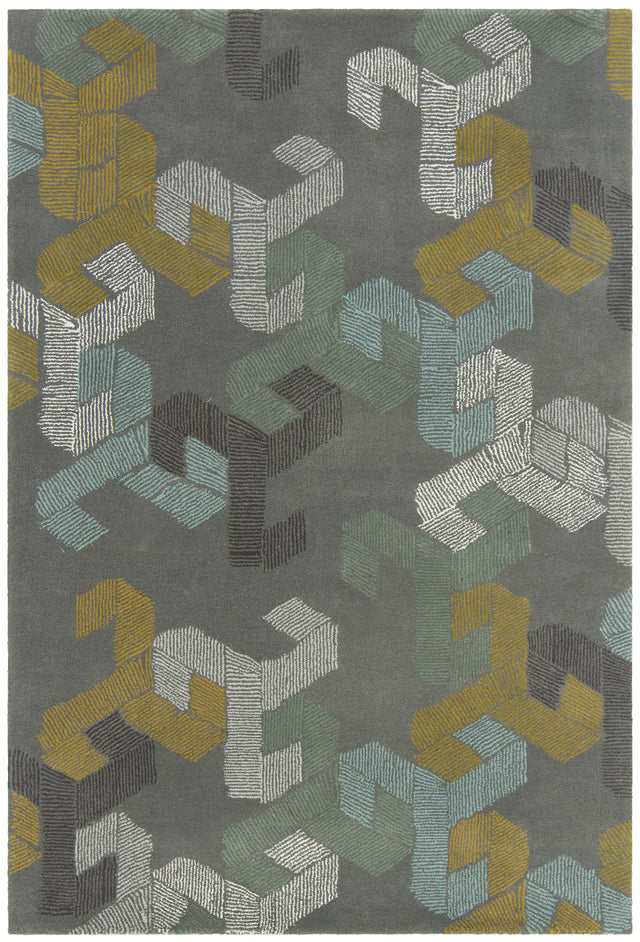 Chandra Jessica Swift JES-28907 Grey and White and Blue and Black and Gold rug, flat view