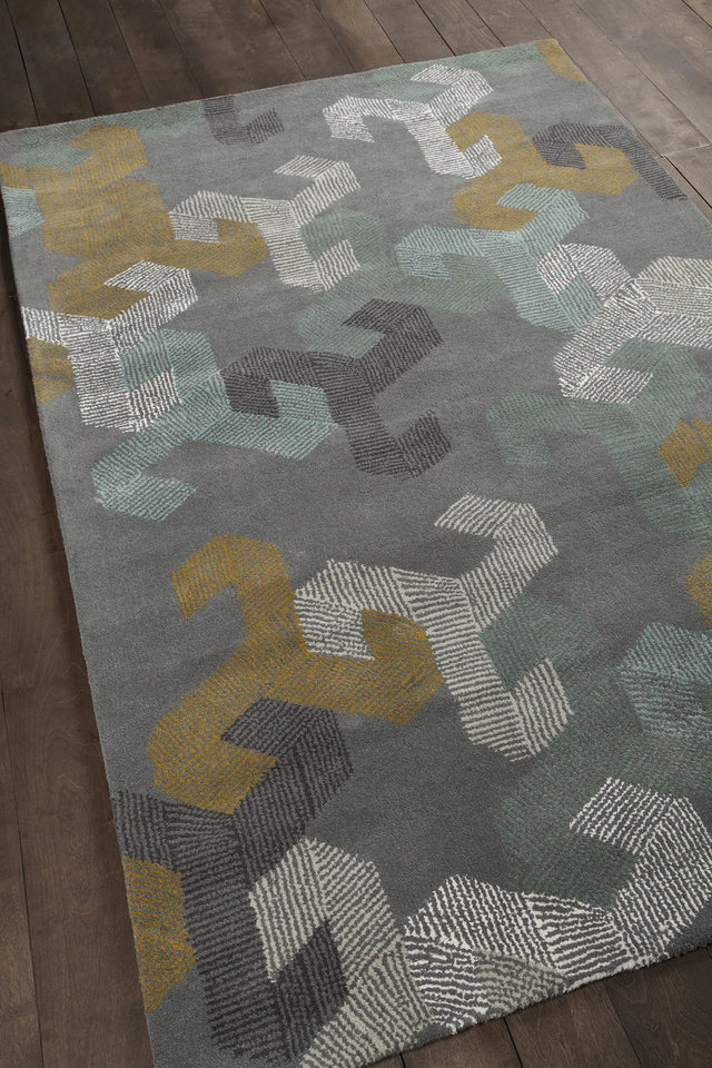 Chandra Jessica Swift JES-28907 Grey and White and Blue and Black and Gold rug, angled side view