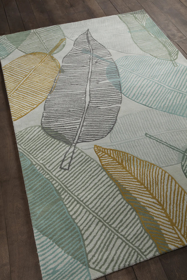 Chandra Jessica Swift JES-28908 Grey and Brown and Yellow and Blue and White rug, angled side view