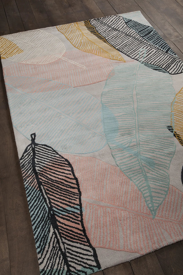 Chandra Jessica Swift JES-28909 Grey and Pink and Blue and Yellow and Black rug, angled side view