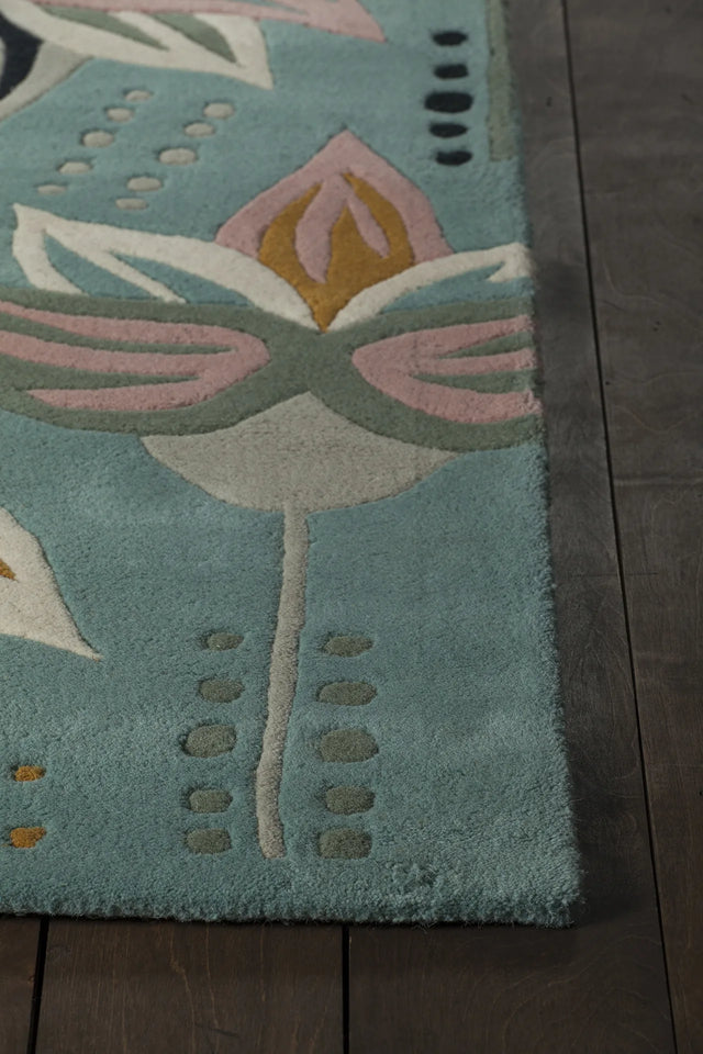 Chandra Jessica Swift JES-28911 Teal and Pink and Cream and Black and Grey and Yellow rug, corner detail
