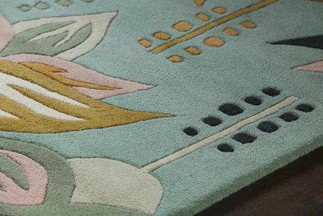 Chandra Jessica Swift JES-28911 Teal and Pink and Cream and Black and Grey and Yellow rug, side detail view