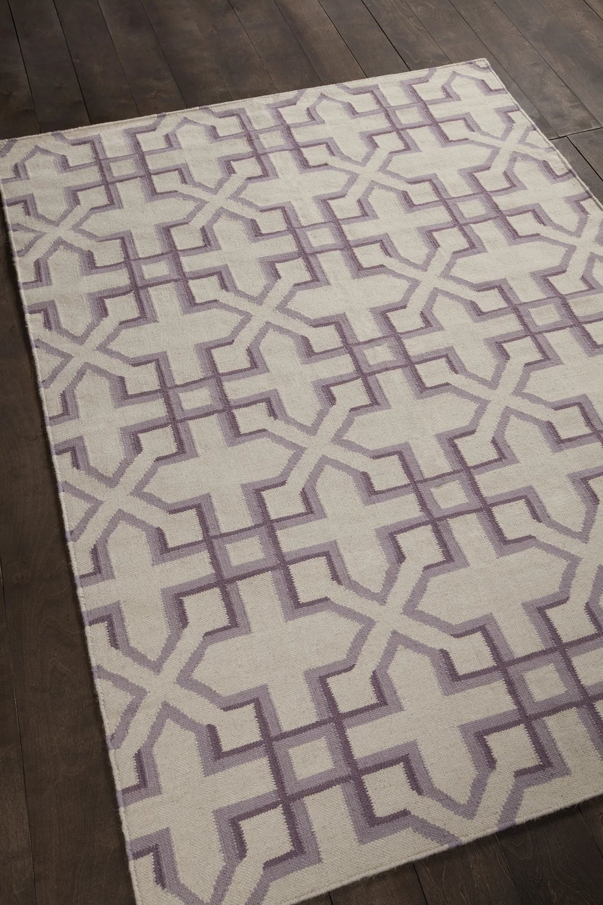 Chandra Lima LIM-25741 White and Purple and Lavendar rug, angled side view