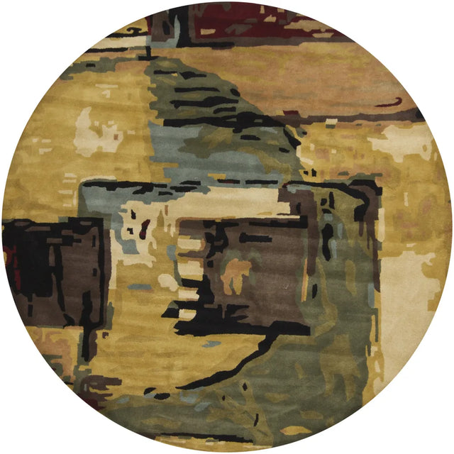 Chandra Nirvana NIR-6600 Blue and Green and Beige and Gold and Burgundy round rug, flat view