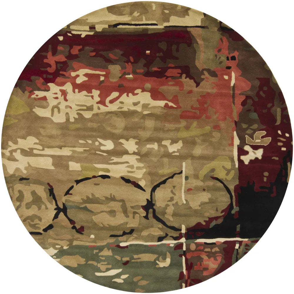 Chandra Nirvana NIR-6601 Burgundy and Grey and Green and Tan and Black round rug, flat view